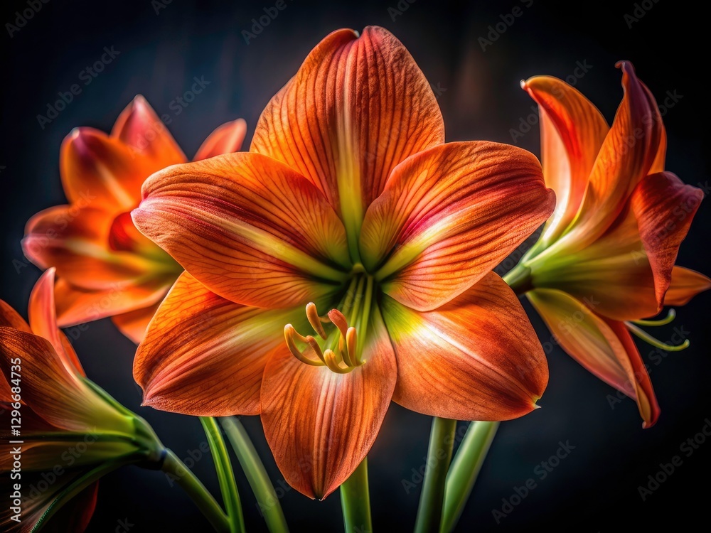 Fototapeta premium Low Light Amarelis Flower Photography, Orange Amaryllis Bloom, Night Amaryllis, Dark Floral Macro, Closeup Flower, Botanical Photography, Low-Light Macro Shot