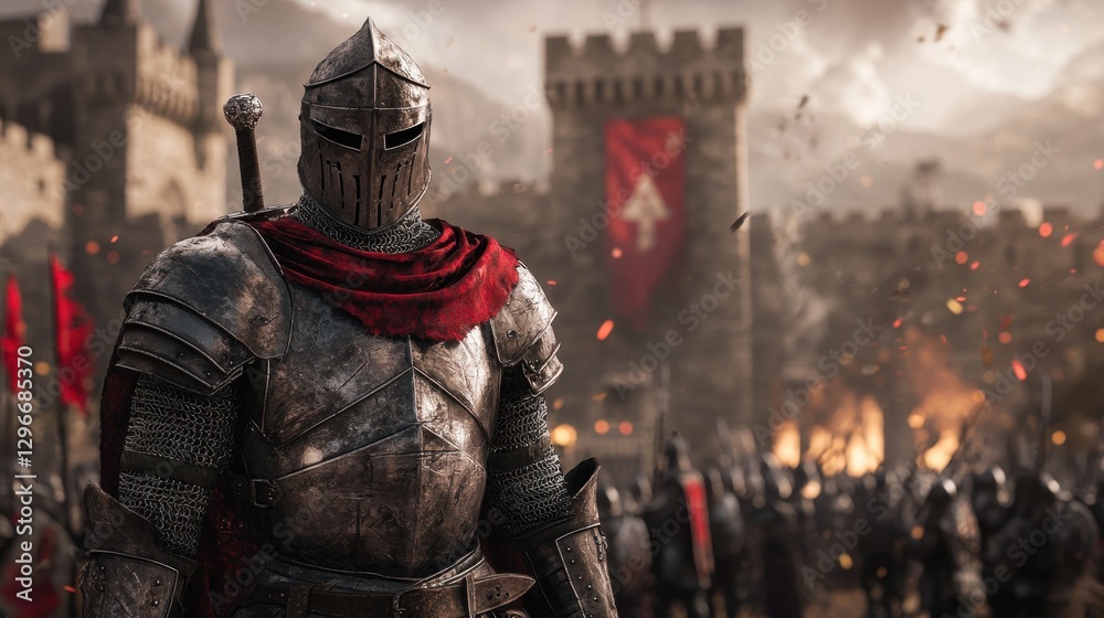 Obraz premium Medieval Knight in Shining Armor Stands Strong Before Castle in a Dramatic Moment with Soldiers Ready for Battle, Cinematic Fantasy Artwork