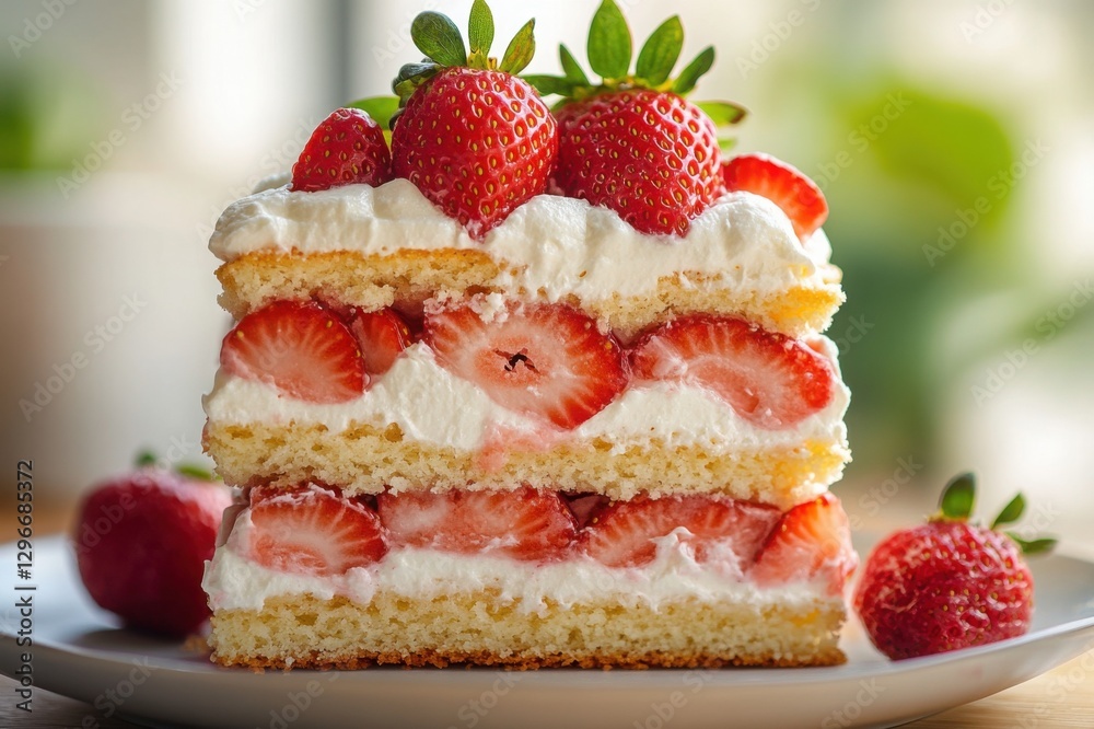 Delicious strawberry shortcake with layers of fluffy sponge cake, fresh strawberries, and whipped cream, served on a white plate Delicious strawberry shortcake with layers of fluffy sponge cake, fresh strawberries, and whipped cream, served on a white plate