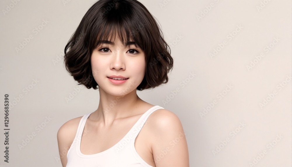 Portrait of a young Asian woman with short black hair and bangs. Portrait of a young Asian woman with short black hair and bangs.