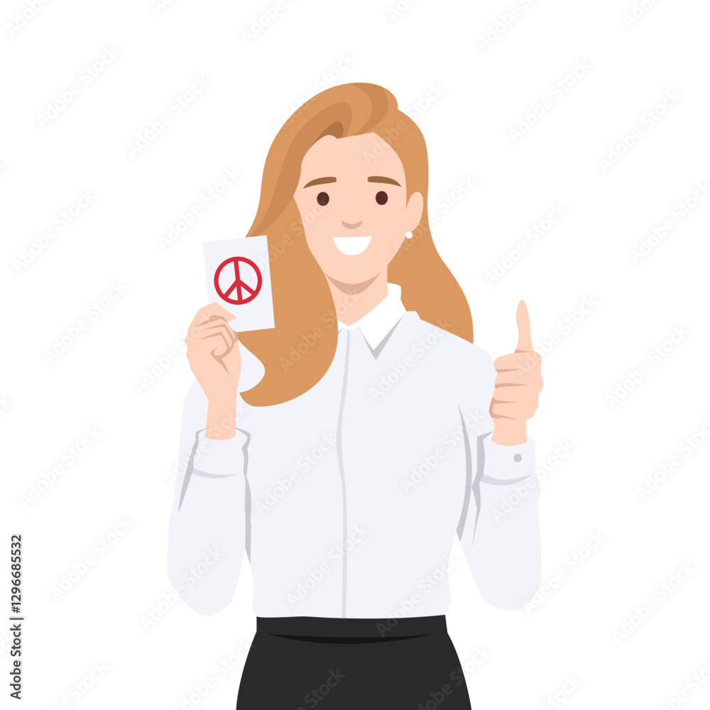 Woman in a white shirt holds a card with a red peace symbol while giving a thumbs up gesture. Flat vector illustration isolated on white background Woman in a white shirt holds a card with a red peace symbol while giving a thumbs up gesture. Flat vector illustration isolated on white background