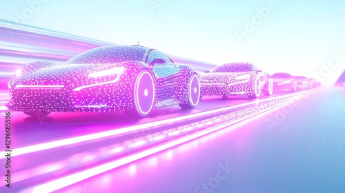 Futuristic car race digital street 3d art neon environment aerial view high-speed innovation