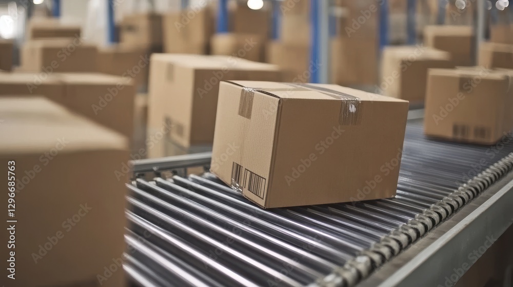 Cardboard boxes moving on conveyor belt in distribution warehouse Cardboard boxes moving on conveyor belt in distribution warehouse