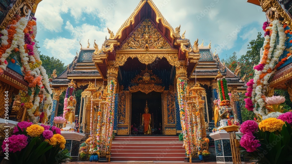 Naklejka premium A temple entrance adorned with elaborate floral garlands and golden ornaments, welcoming visitors for Songkran prayers, creating a festive and spiritual atmosphere