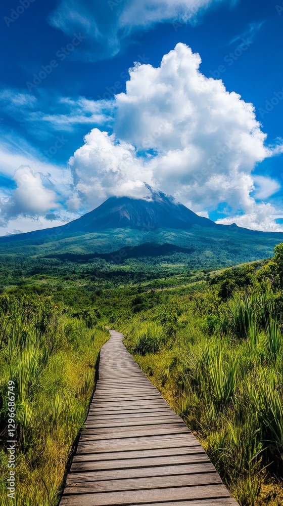 Scenic pathway leading to volcanic mountain with lush greenery and blue sky Scenic pathway leading to volcanic mountain with lush greenery and blue sky