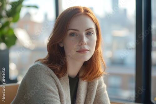 A young woman with red hair and freckles looks directly at the camera, sitting near a window with a blurred city backdrop. Free Download A young woman with red hair and freckles looks directly at the camera, sitting near a window with a blurred city backdrop. - GFXLoad