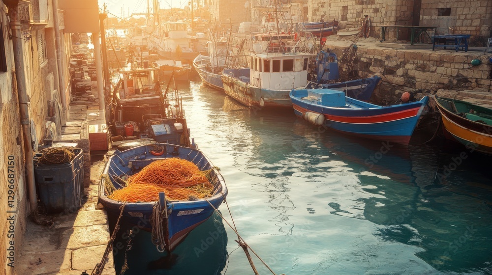 Obraz premium Colorful Vessels in a Busy Harbor Setting