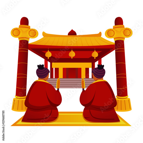 People praying at a chinese temple, flat illustration