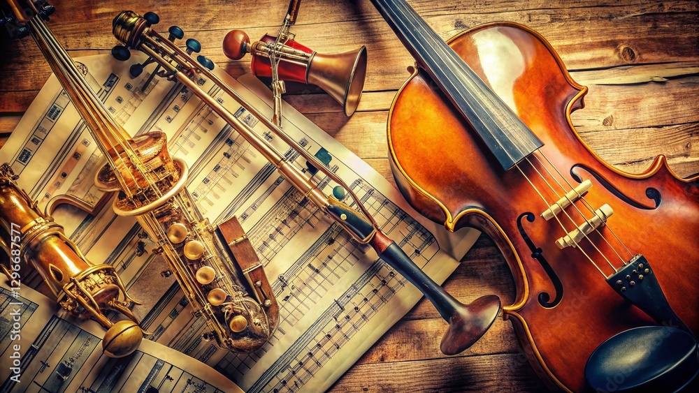 Naklejka premium Musical Notes and Instruments on a Vintage Sheet Music Background with Copy Space