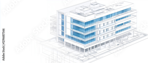 CAD-style architectural illustration of a modern hospital building under construction, with a focus on its clean white facade and blue-tinted glass panels