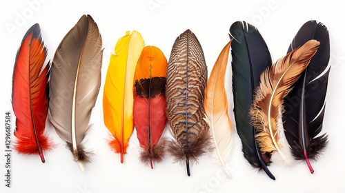 A fan of assorted bird feathers in various sizes and colors, arranged harmoniously against a white background. The high-resolution image showcases the diversity and intricate details of each feather.