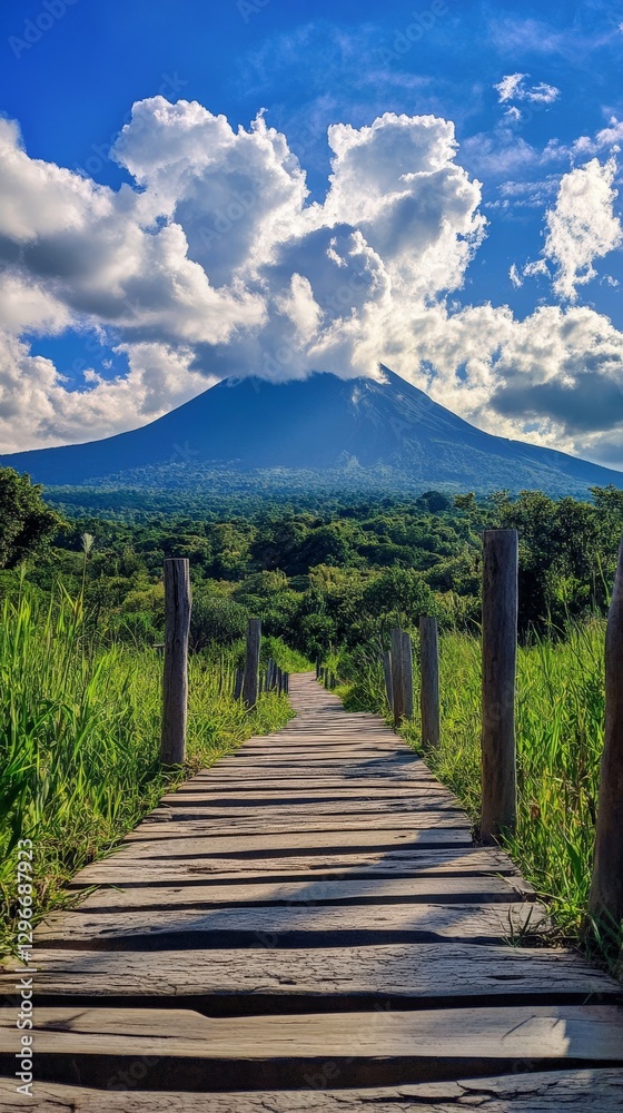 Fototapeta premium Scenic wooden pathway leading to majestic volcano under blue sky and clouds