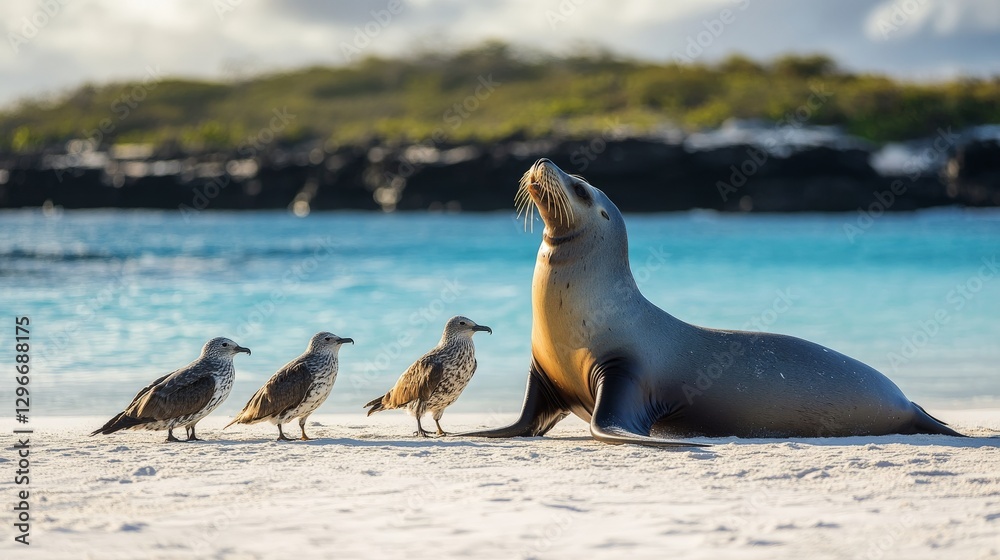 Obraz premium Sea lion with birds on sandy beach in scenic marine landscape