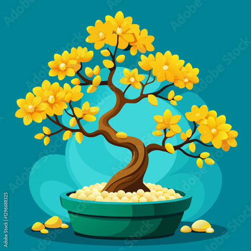 Bonsai Money Tree with Golden Coin Leaves on Teal Background in Feng Shui Style