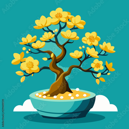 Bonsai Money Tree with Golden Coin Leaves on Teal Background in Feng Shui Style