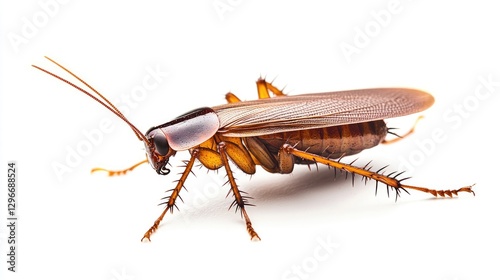 Cockroach mid-step, its legs stretching across a white background with detail photo