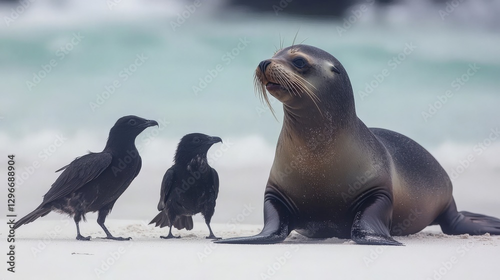Fototapeta premium Seal interacting with two ravens on sandy beach
