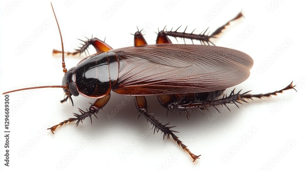 Fototapeta premium Dark brown cockroach with glossy exoskeleton resting on a neutral white surface