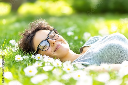 Fototapeta Naklejka Na Ścianę i Meble -  Woman Relaxing in Daisy Field