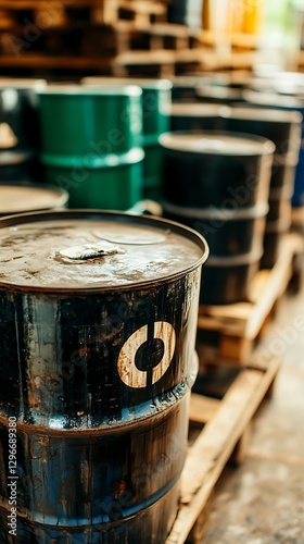 Oil drums on pallets, industrial storage close up