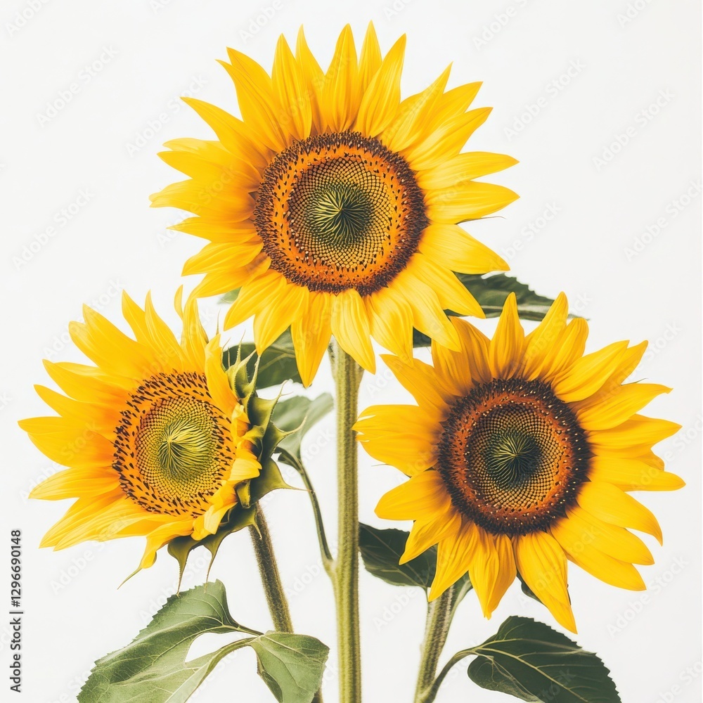 Obraz premium Sunflowers in full bloom amidst a white background exude vibrant cheerfulness and natural beauty
