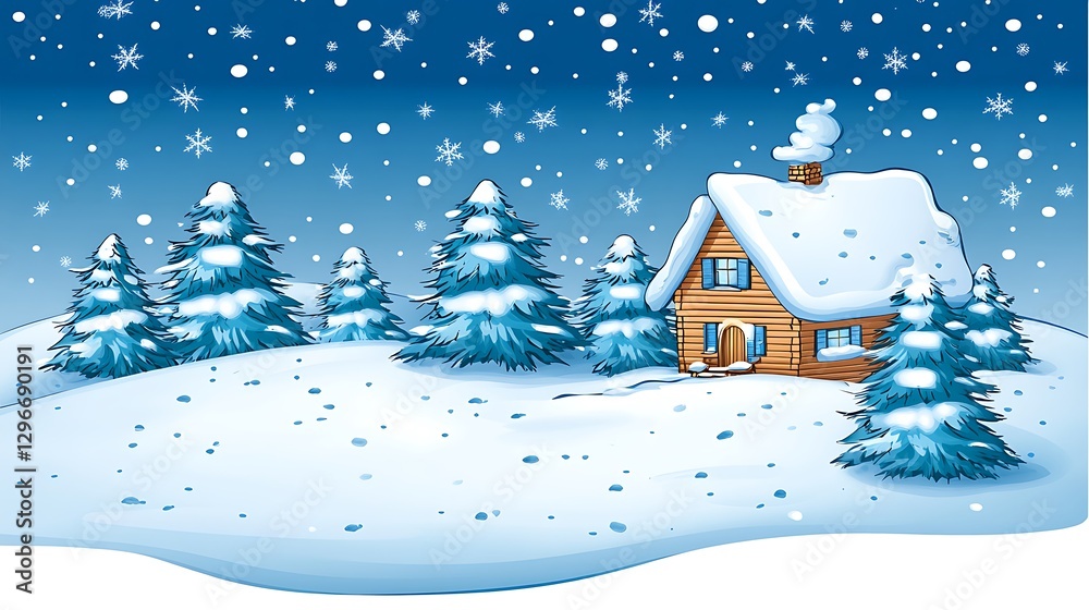 Fototapeta premium A snowy winter scene featuring a cabin and evergreen trees