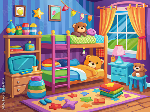 Cozy Children's Bedroom with Bunk Beds and Teddy Bears Under Starry Night Sky