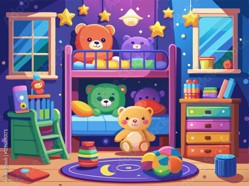 Cozy Children's Bedroom with Bunk Beds and Teddy Bears Under Starry Night Sky