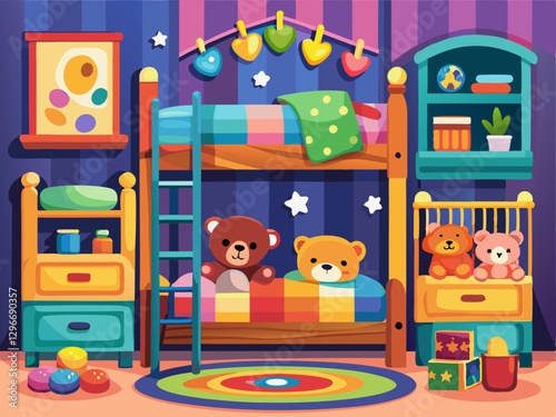 Cozy Children's Bedroom with Bunk Beds and Teddy Bears Under Starry Night Sky