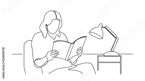 Line art depicts a woman seated, engrossed in a book illuminated by a desk lamp on a side table. The scene suggests quiet relaxation and solitude at home.