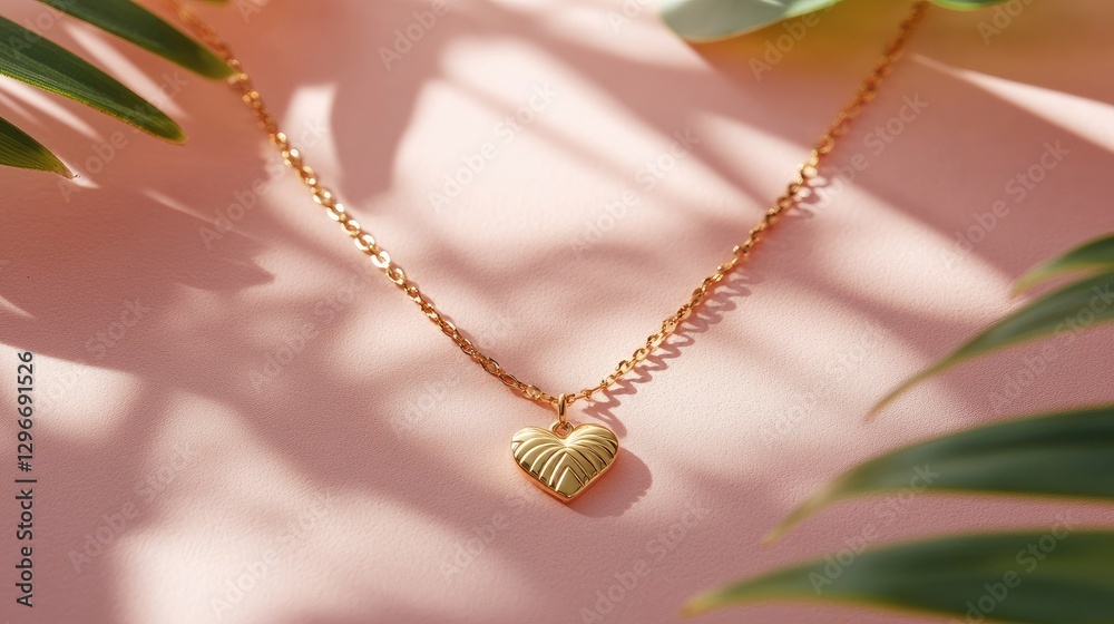 Fototapeta premium Delicate gold chain with a heart-shaped pendant on a matte pink surface