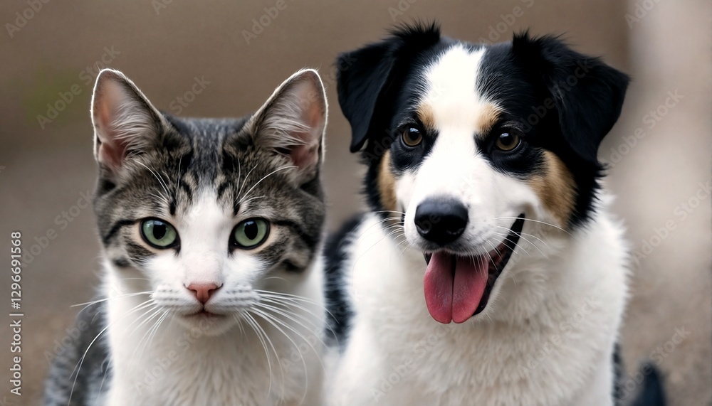 A cat and dog are standing next to each other.