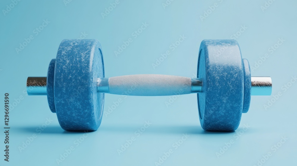 Obraz premium Blue dumbbell resting, strength training equipment on light blue seamless background