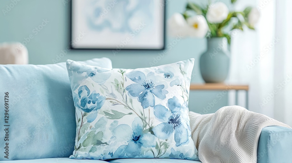 Decorative floral throw pillow on couch modern living room home decor cozy atmosphere close-up comfort