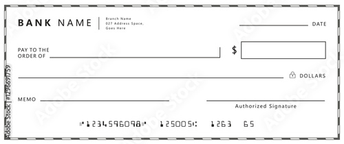Bank check, vector blank money cheque, checkbook template with guilloche pattern and fields. Currency payment coupon, money check background