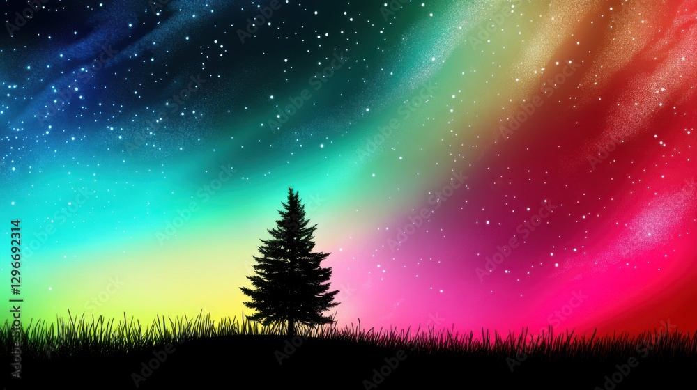 Naklejka premium Lone pine tree silhouetted against a vibrant aurora borealis in a serene landscape, showcasing the natural beauty and tranquility of the northern lights in a breathtaking night sky.