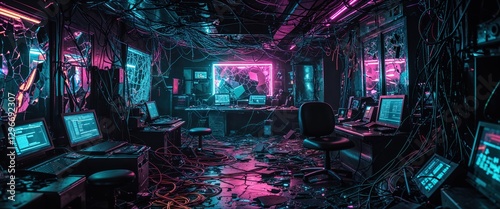 A high-tech lab filled with tangled wires and glowing neon lights presents an abandoned, cyberpunk atmosphere. Flickering screens display cryptic data amidst the chaos