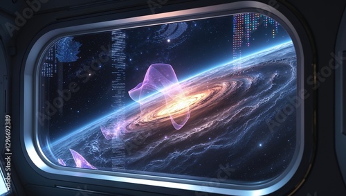 A captivating view from a space station reveals a swirling galaxy illuminated by bright colors. Digital patterns overlay the scene, enhancing the futuristic atmosphere of the setting