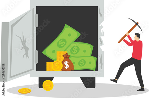 Female uses sledgehammer and breaks safe. Breaking the law. Theft and property crime. Money problems. Flat vector illustration

