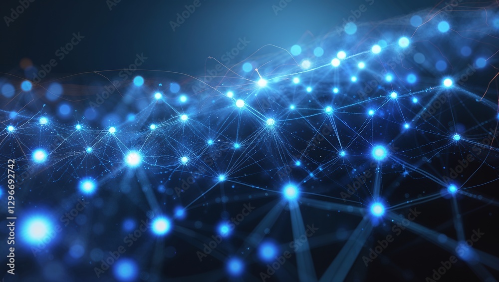 Fototapeta premium Glowing blue nodes and lines create a complex network against a dark, futuristic backdrop, evoking a sense of advanced technology and innovation in a digital landscape