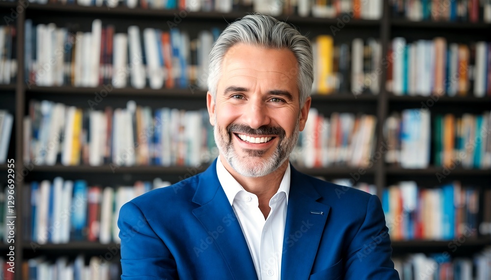 A man in a blue suit jacket standing in front of a bookshelf. A man in a blue suit jacket standing in front of a bookshelf.