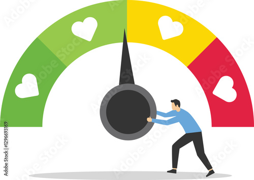 Strong male pull the arrow on the monitor screen. Love meter heart indicator. Love day full test valentine card progress. Modern flat vector illustration.

