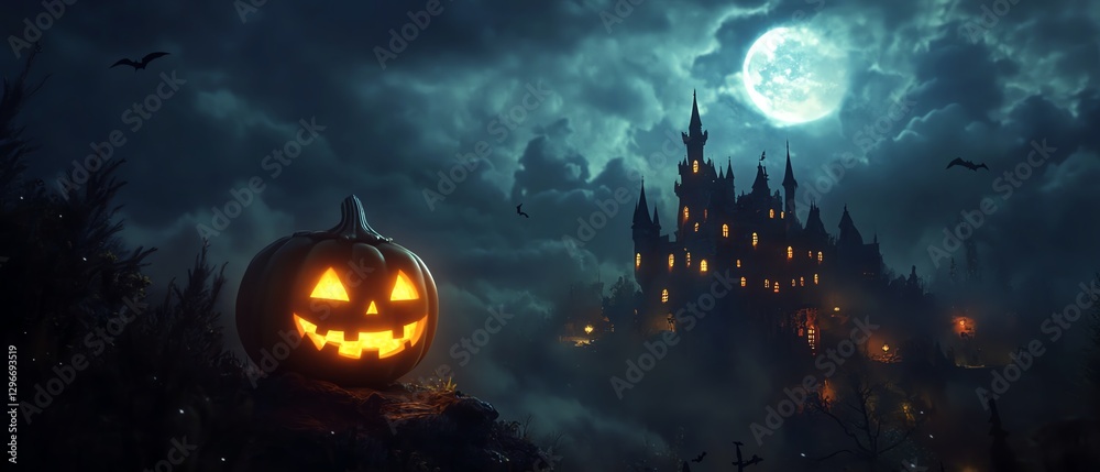 creepy Halloween cutout featuring a glowing pumpkin and a haunted castle under a dark sky, PNG creepy Halloween cutout featuring a glowing pumpkin and a haunted castle under a dark sky, PNG