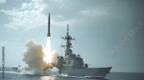 Navy warship launching missile in the ocean