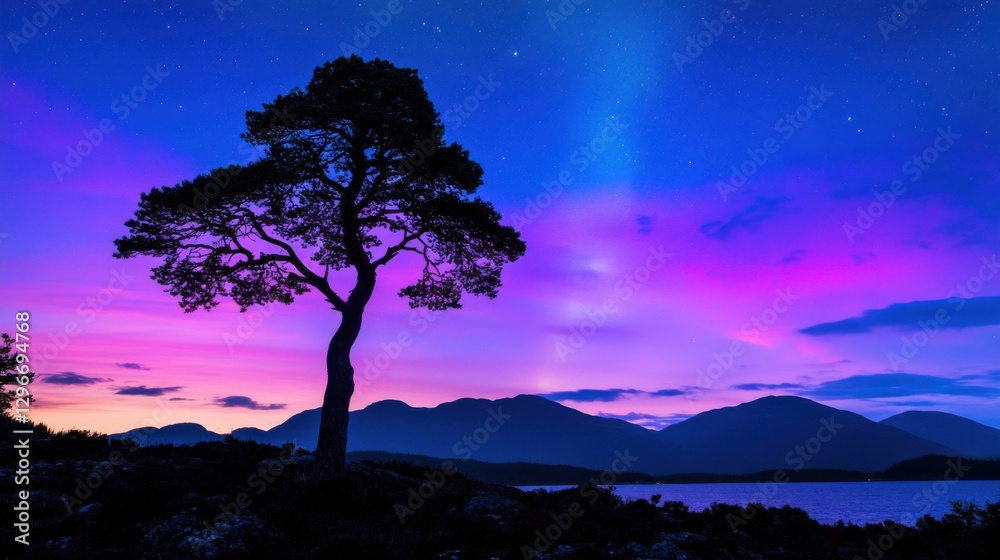 Lone pine tree silhouetted against a vibrant aurora borealis in a serene landscape, showcasing the natural beauty and tranquility of the northern lights in a breathtaking night sky. Lone pine tree silhouetted against a vibrant aurora borealis in a serene landscape, showcasing the natural beauty and tranquility of the northern lights in a breathtaking night sky.
