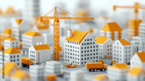 miniature construction site featuring buildings, cranes, and vehicles, showcasing urban development with vibrant orange and white colors