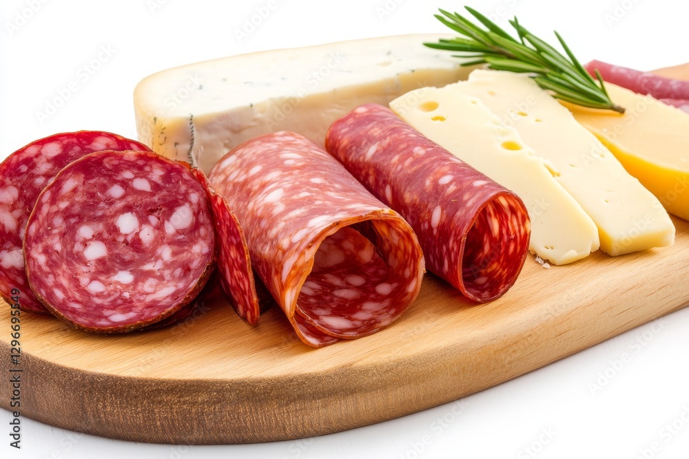 A wooden table filled with different cured meats, salami, prosciutto, and cheeses A wooden table filled with different cured meats, salami, prosciutto, and cheeses