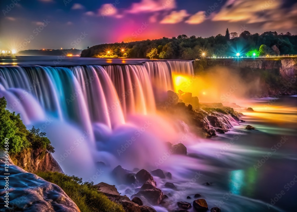 Obraz premium Niagara Falls Night Photography: Majestic Waterfalls Illuminated at Night