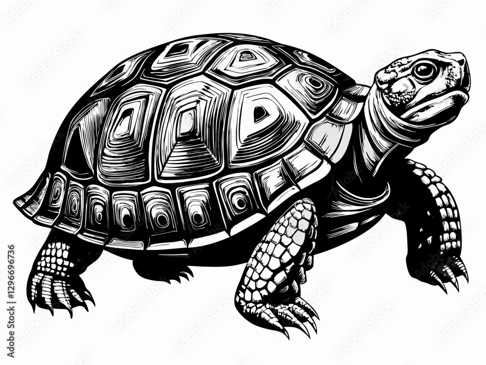 Fototapeta premium Detailed Black and White Turtle Sketch – Realistic Tortoise Drawing with Intricate Shell Texture