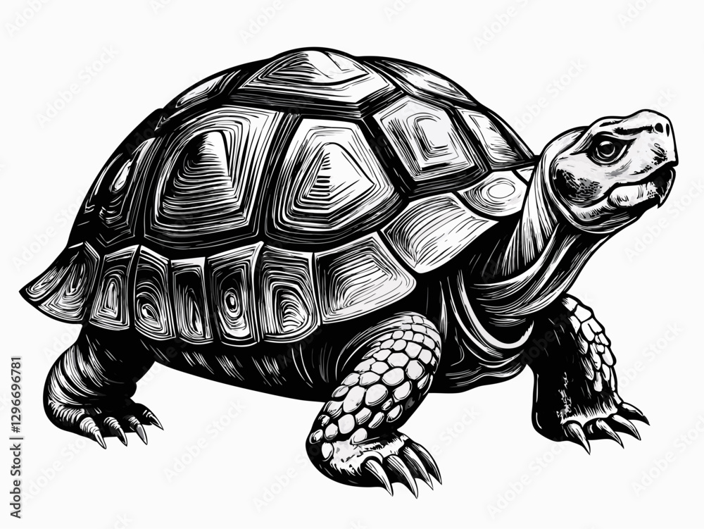 Fototapeta premium Detailed Black and White Turtle Sketch – Realistic Tortoise Drawing with Intricate Shell Texture